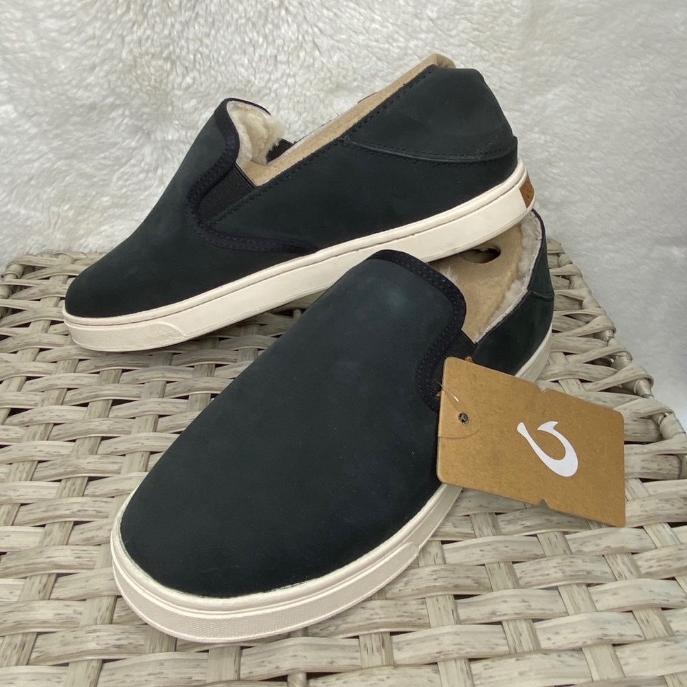 Olukai Pehuea Heu Black Leather with Shearling 7